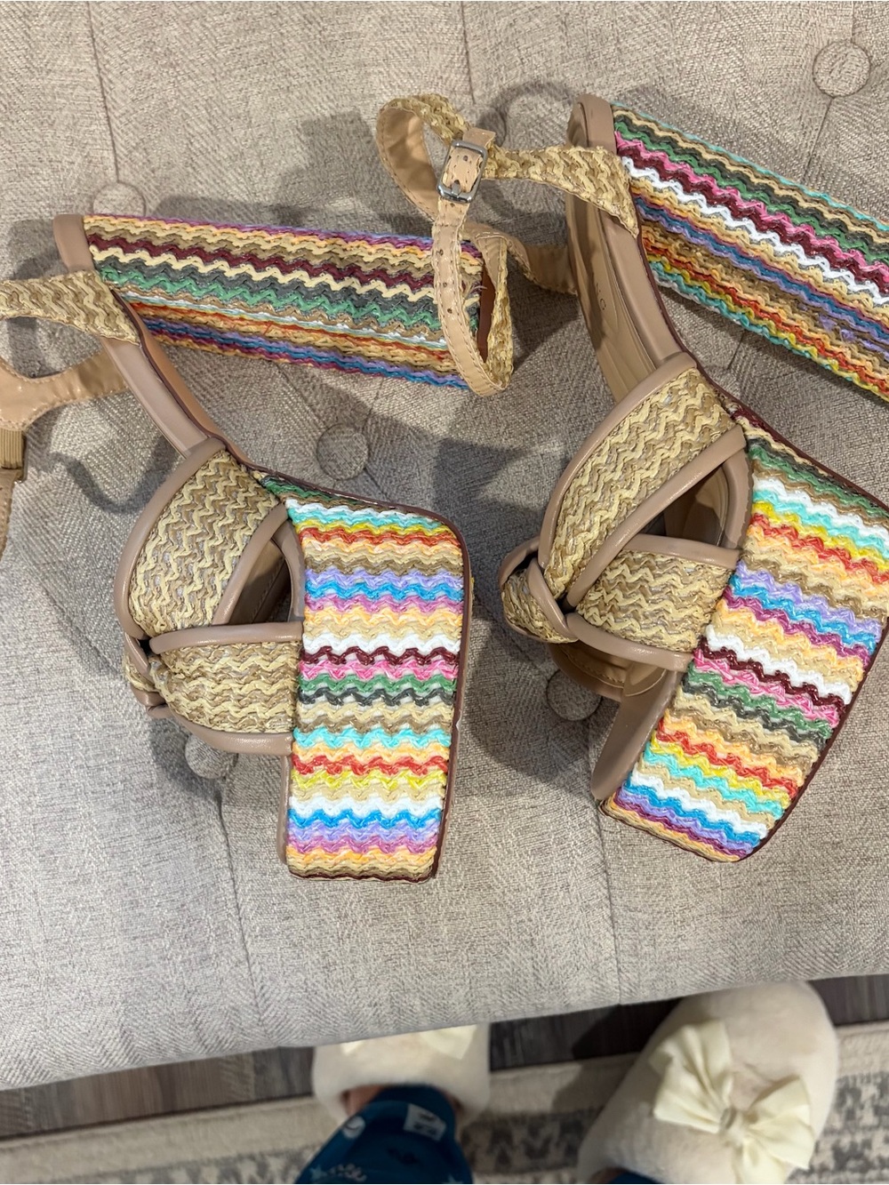 Aselea Wang Beige Braided Platform Sandals with Multicolor Trim - Picture 4 of 7